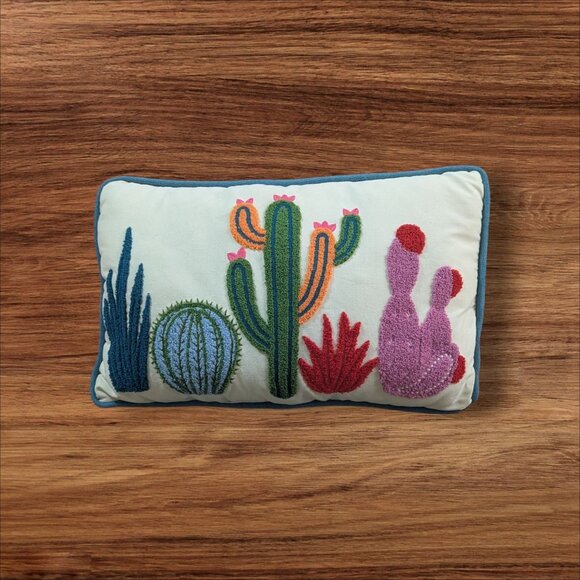 Cactus Embroidered Lumbar Pillow Decorative Cushion 16"x10" Multicolor Boho Acce - Picture 1 of 6